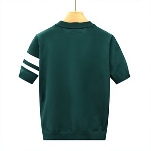 T-shirt décontracté pour homme, vert, à manches courtes, col rond, tricoté, avec bordure contrastante rayée, coupe classique, séchage rapide et écologique - Product Image 6