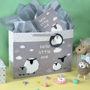Hello Little One Gift <b>Bag</b> With Card And Tissue Paper Grey Sheep Baby Shower 16 Inch Extra Large - Product Image 4