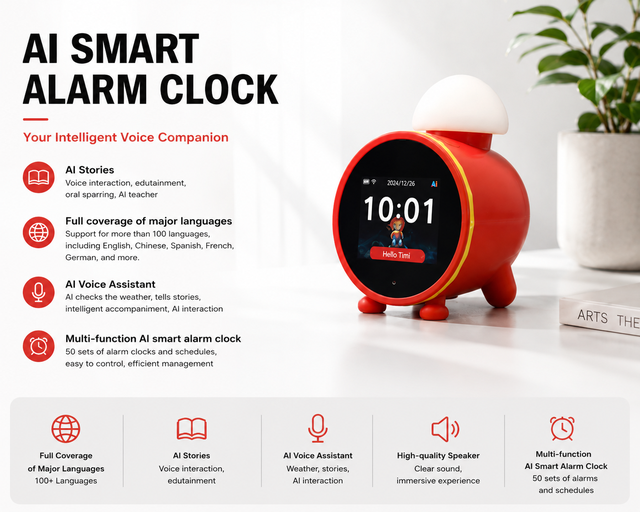 Popular AI Alarm Clock for Kids with LCD Display WiFi AI Voice Control Rotatable Design Smart Table Clock Supportive Teaching