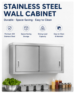 Armoire murale en acier inoxydable finition mate brossée, armoire de rangement pour cuisine commerciale avec portes coulissantes pour usage en restaurant - Product Image 1