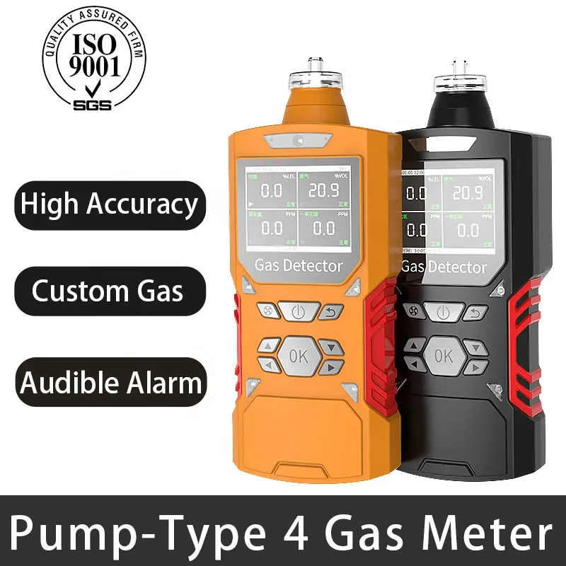 Pulitong Draagbare Multi 4 Gas Detector Monitor Meter Met Micro Clip (H2S O2 Co Ex) voor Veiligheid | Kleur Display | Pomp Type