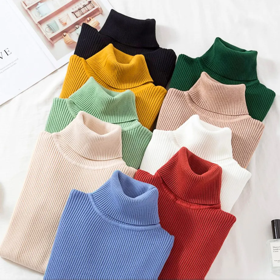 Factory Wholesale Spring Autumn Winter Warm Knitted Tops Ribbed Pullneck Pullover High Neck Turtleneck Sweater For Women