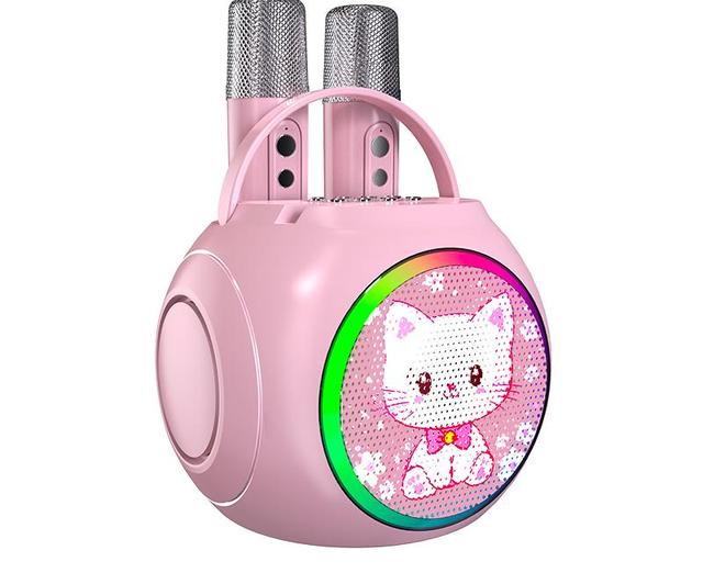Cute Kids Karaoke Speaker with Dual Wireless Mics, Portable Bluetooth Karaoke Machine with RGB Light