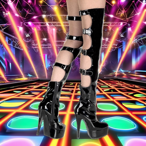 Bottes à plateforme sexy pour femmes, talons aiguilles au-dessus du genou, fermeture éclair, dessus en PU, tendance mode, talons hauts de 15 cm, chaussures de danse - Product Image 2