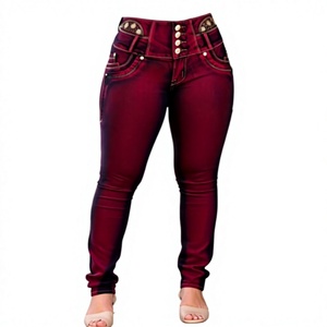 Jean skinny bordeaux taille haute pour femme grande taille, avec fermeture boutonnée, coupe longue, décontracté, aspect denim extensible, style automne - Product Image 4