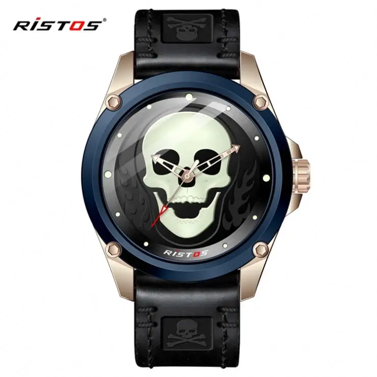 RISTOS 9443 new style skull watches fashion luminous 3atm waterproof mesh strap watches leather belt men wrist watches