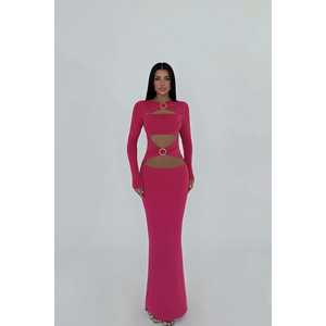 ชุดราตรีสีชมพูฟูเชียทรงเอไลน์ คอวีประดับลูกปัด แต่งแหวน  ไซส์ XL สำหรับคนท้อง ผ้าทอ ยาวคลุมเท้า เรียบง่าย - Product Image 3