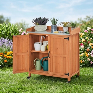 Outdoor Garden <b>Potting</b> Table <b>Large</b> Space Storage Metal-Plated Tabletop Solid Wood Construction 154 Lbs Capacity - Product Image 1