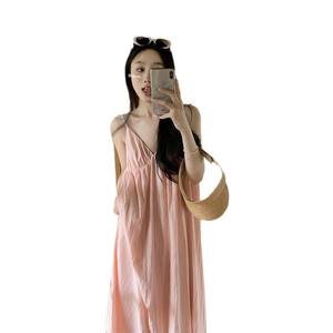 Pink Knee-Length Satin V-Neck Loose Fit Sleeveless Breathable Beach Sundress Summer Casual Wear - Product Image 5
