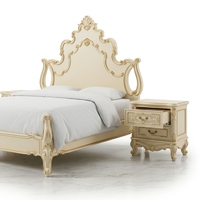 Rokoko-Bettset 3-teilig Creme-Gold Vergoldeter Massivholz-Bettrahmen mit 2 Nachttischen Queen King Cal King für Hotel-Schlafzimmer