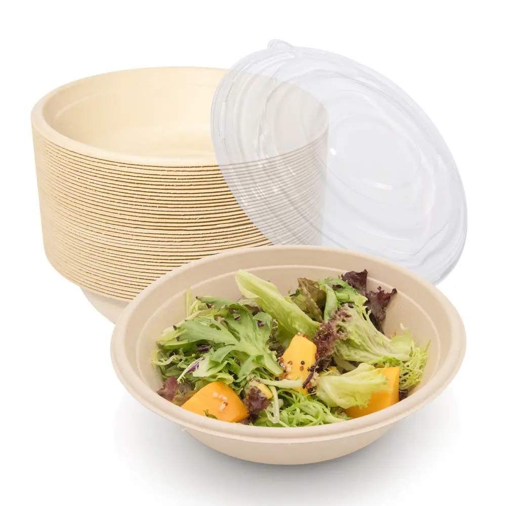 Cuenco de caña de azúcar compostable con tapas, vajilla biodegradable para ensalada de alimentos ecológica al por mayor, cuencos reciclables