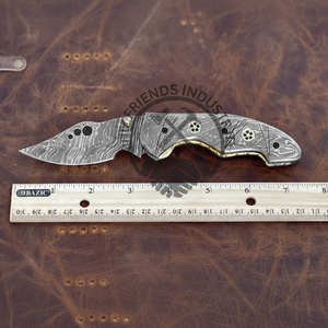 Cuchillo plegable hecho a mano con revestimiento de acero damasco, Funda de cuero fino, regalo DIY para novio, soporte OEM disponible - Product Image 1