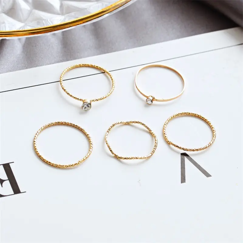 New Fashion Jewelry Personality Five-Piece Set Threaded Band Diamond Adjustable Ring Joint Ring Female Tail Ring set