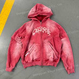 Sudadera con capucha de algodón de 450 g/m² de alta calidad estilo streetwear vintage, con efecto desgastado por el sol, patchwork, lavado ácido, bajo sin rematar y cremallera para hombre - Product Image 6