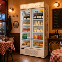 Réfrigérateur commercial à double porte, température unique, avec porte vitrée et étagères réglables, pour boissons