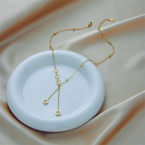 European American Fashion Minimalist <b>Long</b> Tassel Diamond Circle Pendant Titanium Steel <b>Necklace</b> Women's Everyday Wear Gold - Product Image 3