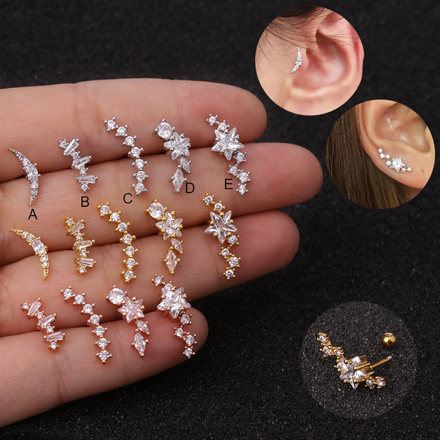 Cz Curved Cartilage Piercing Jewelry 20g Stainless Steel Helix Earring Tragus Rook Conch Stud Piercing Jewelry