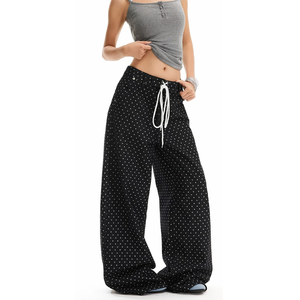 Pantalones vaqueros de mezclilla de pierna ancha recta con cordón en la cintura para mujer, estilo vintage con lunares, para uso diario y trabajo, venta al por mayor - Product Image 3