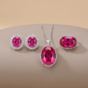 Juego de aretes y collar con circonita cúbica de corte ovalado, imitación de oro blanco, cobre chapado en oro rosa, corindón rojo, juego de joyería de 3 piezas. - Product Image 4