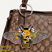 Porte-clés en acrylique avec motif abeille et fleurs, porte-clés décoratif de style dessin animé avec anneau et chaîne en métal, léger et original