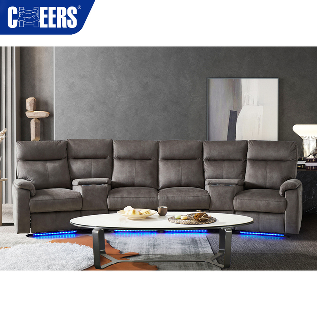 MANWAH CHEERS Fabric Upholstered Power Reclining Home Theater Sofa Blue 4-Seater Hot-selling Sofa with Console and USB for Home