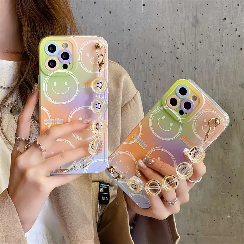 gradient texture smiley face bracelet chain phone case for iphone 13 pro max,for iphone 11 clear case nice smile