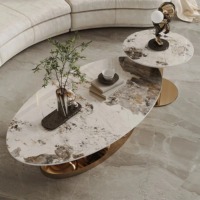 Ensemble de table basse moderne de luxe 2025 avec base en acier inoxydable doré, plateau en pierre frittée ovale facile à nettoyer, qualité supérieure pour la maison