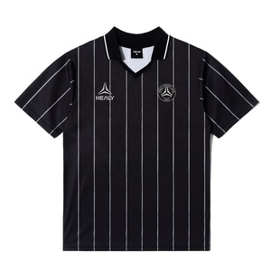 Retro Soccer Jersey Style <b>Mens</b> Black White Striped Quick Dry Athletic Jersey Custom Logo Breathable Short Sleeve Polo Shirt - Product Image 1