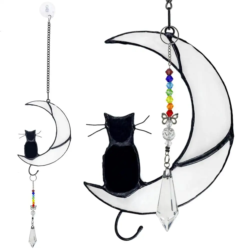 לוחות זכוכית צבעוניים חלון תליית קישוט שמש גביש התפסן חתול שחור על לבן ירח בעבודת יד DIY תליית קישוט לבית