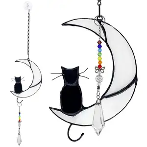 Stained Glass Panels Window Hanging Ornament Sun Crystal Catcher Black Cat on White Moon Handmade DIY Hanging Ornament for Home