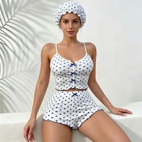 Ensemble de pyjama imprimé cœur P590 pour femme, caraco côtelé et short à volants avec bonnet à nœud, vêtements de nuit et de détente