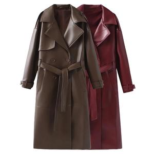 Cappotto <span class=keywords><strong>Trench</strong></span> Classico da <span class=keywords><strong>Donna</strong></span> in <span class=keywords><strong>Ecopelle</strong></span> di Media Lunghezza con Colletto Rovesciato Tinta Unita - Product Image 5