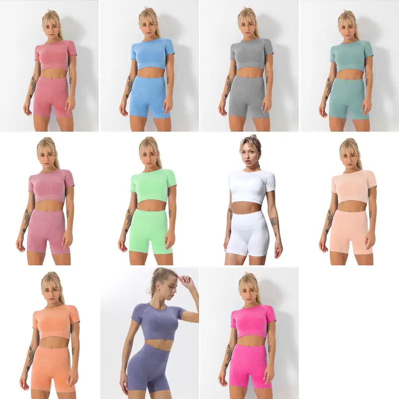 Conjuntos Deportivos Mujer Women Seamless 2 Pcs Sports Sets Short Sleeve Soft Crop Top Tummy Control Shorts Active Clothing Supe