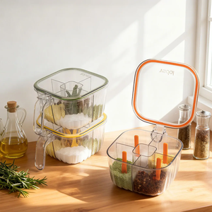 Boîte à épices en plastique moderne à 4 compartiments avec couvercle hermétique pour le rangement de la <span class=keywords><strong>cuisine</strong></span> Recherche d'agents - Product Image 1