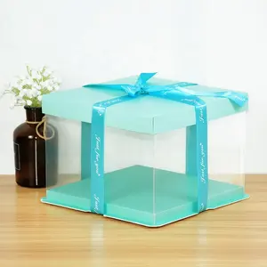 2023 new listing customized popular macaron blue birthday cake packaging paper box with ribbon and transparent round for party