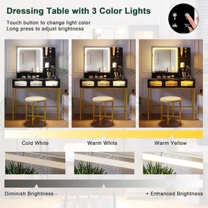 Manufacturer's <b>small</b> vanity charging station with mirror, 10 light bulbs, LED vanity <b>table</b>, 3 drawers/stools. - Product Image 4