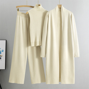 Ensemble de survêtement cardigan tricoté 3 pièces pour femmes de la mode <span class=keywords><strong>vintage</strong></span>-tenue de pull et de pantalon élégante pour dames" - Product Image 3