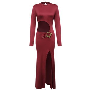 Women's Cutout Long Sleeve Maxi Slit Dress - Ruched Buckle Bodycon Formal Gown Dresses Fashion - Product Image 4