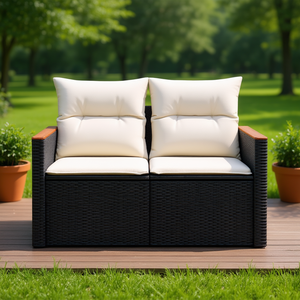 Sofá de Jardín de Dos Plazas, Muebles de Exterior de Ratán con Cojines Color Crema, Diseño Contemporáneo Impermeable - Product Image 2