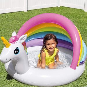 สระน้ำเป่าลมรูปยูนิคอร์น 127x102x69 ซม. พร้อมร่มกันแดดสีรุ้งสำหรับเด็ก - Product Image 4