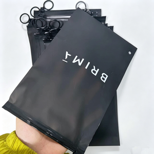 Semi‑Transparent Matte Black Ring Pull Zipper Pouch Custom White Logo Printing Garment Packaging Bag - Product Image 1