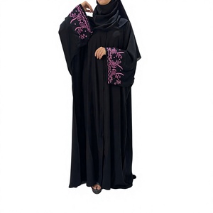 Abaya noire à fleurs brodées, faite à la main, évasée, à manches longues, robe de prière islamique modeste, style Moyen-Orient, polyester - Product Image 1