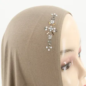 Хит продаж, хиджаб различных цветов rainhstone с полностью жемчужинами, Трикотажный Хлопковый хиджаб, шарф с бриллиантами