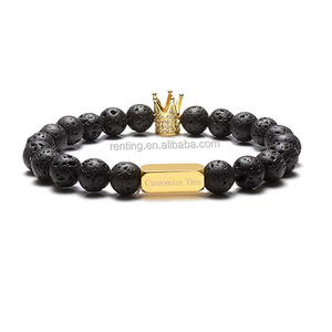 New Fashion Natural Stone Lava Stone Bead Logo personalizzato testo acciaio inossidabile CZ Imperial Crown Beads bracciale elastico per coppie - Product Image 3
