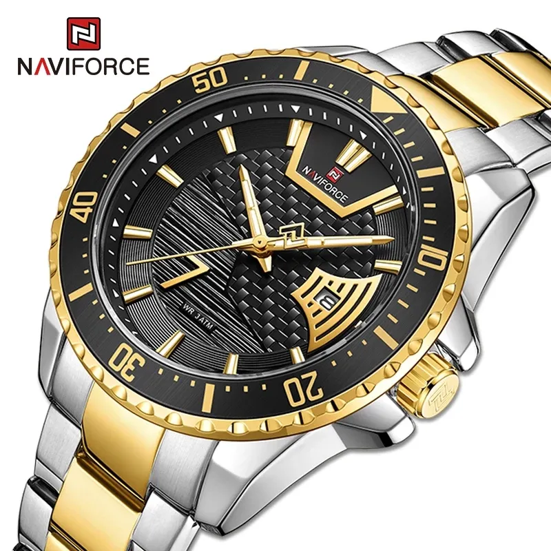 NAVIFORCE NF9191 fashion gold mens quartz watch original Stainless steel band Luminous Chronograph Calendar Casual wrist watch