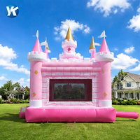 Château gonflable rose en PVC avec toboggan et aire de saut, thème ferme ou licorne, pour fêtes en extérieur dans la cour