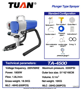 Pistola de Pintura sin Aire Profesional TUAN TA-4500 de Acero Inoxidable, Tipo Pistón, 3000 PSI, 2.5L/Min, la Mejor Pistola de Pulverización Eléctrica <span class=keywords><strong>para</strong></span> Bricolaje - Product Image 3
