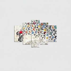Arte Impreso en Lienzo de Banksy, Niña con Mariposas - Decoración de Pared Estilo Vitral, Juego de 5 Lienzos Variados - Product Image 2
