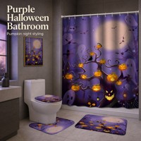 Ensemble de 4 pièces de rideau de douche et de décoration textile de salle de bain pour Halloween, motif citrouille et fleurs, avec tapis de sol, tapis en U et couvercle de cuvette de toilette