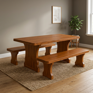 Ensemble de table à manger en teck massif avec 2 bancs, meubles de salle à manger rustiques de style farmhouse pour la maison, la villa, le restaurant, l'hôtel - Product Image 4